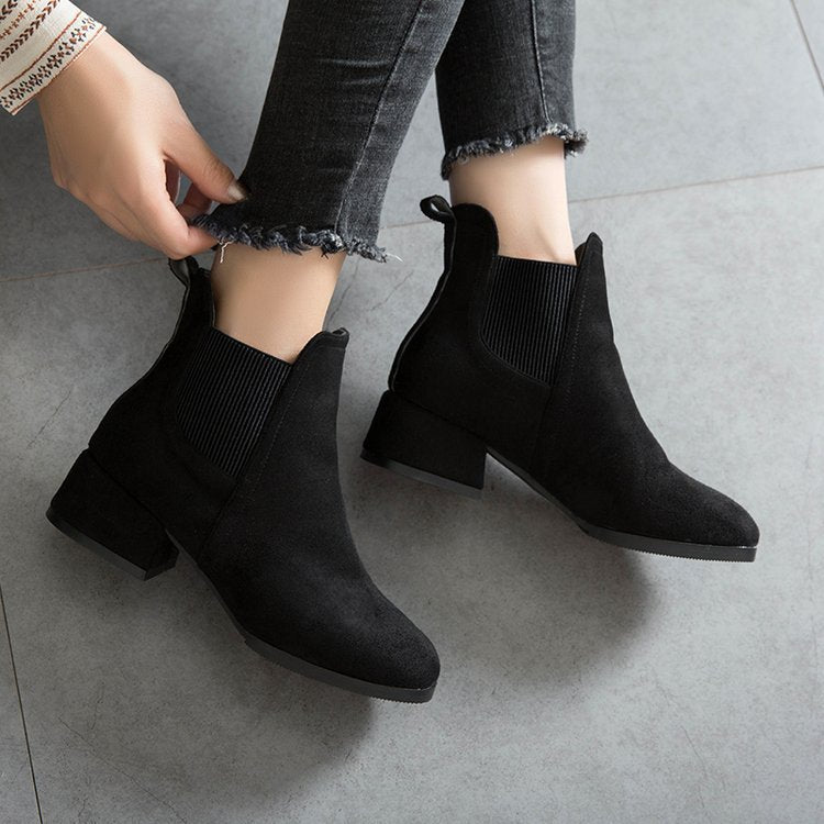 Women’s Suede Thick Short Heel Ankle Boots in 2 Colors - Wazzi's Wear