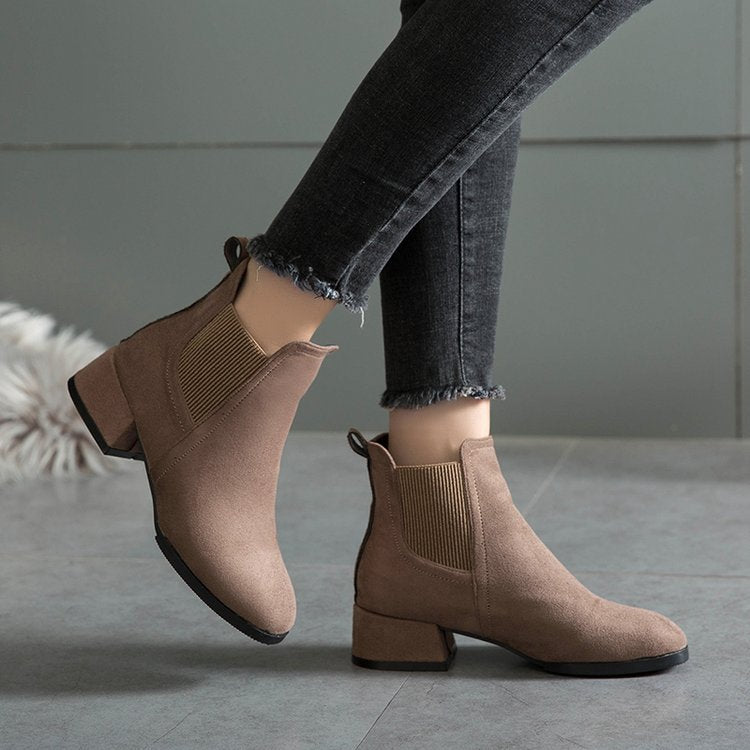 Women’s Suede Thick Short Heel Ankle Boots in 2 Colors - Wazzi's Wear