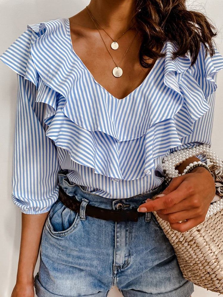 Women’s Blue Striped Ruffled V-Neck Blouse S-2XL - Wazzi's Wear