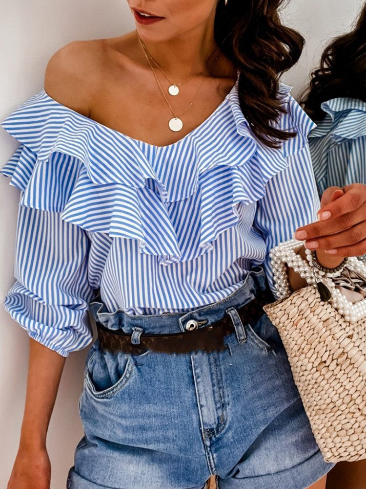 Women’s Blue Striped Ruffled V-Neck Blouse S-2XL - Wazzi's Wear