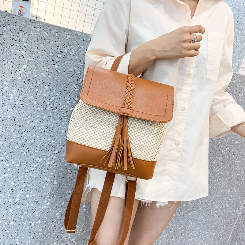 Women’s Woven Straw Shoulder Bag Backpack with Tassel in 2 Colors - Wazzi's Wear
