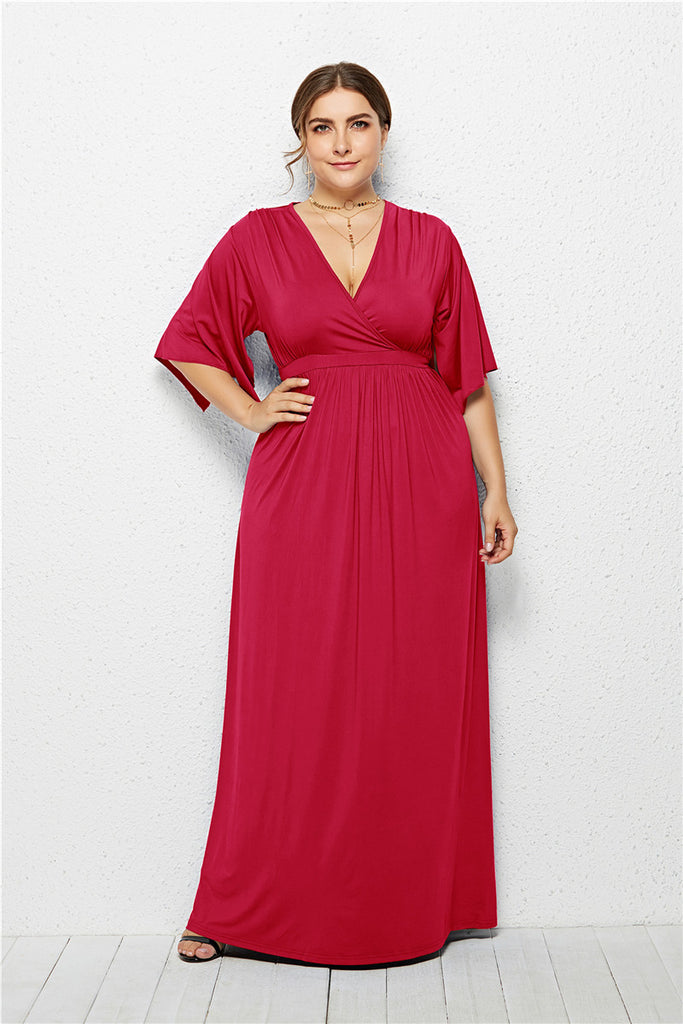 Women’s V-Neck High Elastic Waist Maxi Dress in 2 Colors M-3XL - Wazzi's Wear