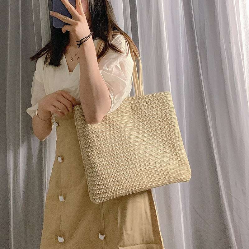 Large Capacity Woven Straw Shoulder Tote Bag in 4 Colors
