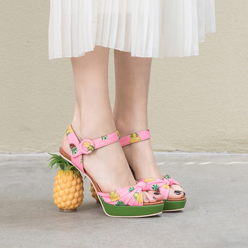 Fish Mouth Sandals Color Matching Printed Leather Super High Heels Pineapple Sandals Women