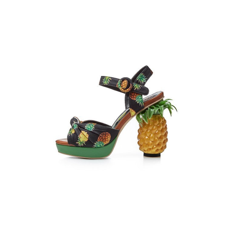 Fish Mouth Sandals Color Matching Printed Leather Super High Heels Pineapple Sandals Women