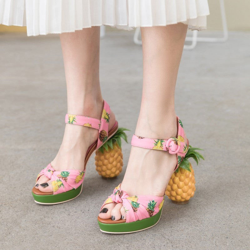 Fish Mouth Sandals Color Matching Printed Leather Super High Heels Pineapple Sandals Women