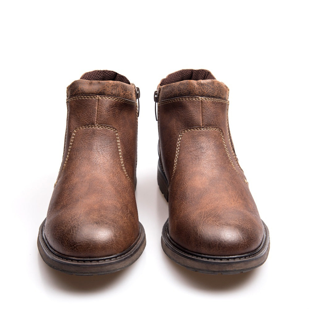 Men's Ankle Leather Boots with Zipper and Round Toe - Wazzi's Wear