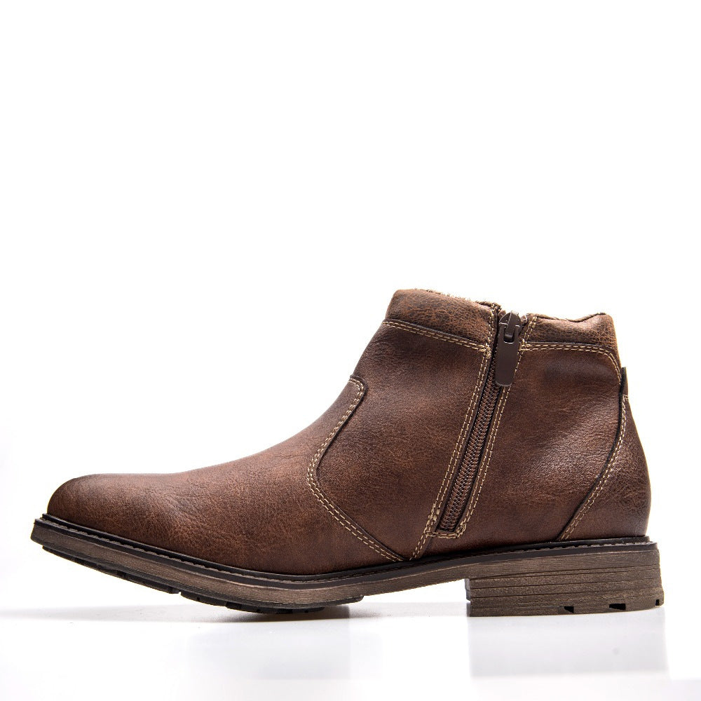 Men's Ankle Leather Boots with Zipper and Round Toe - Wazzi's Wear