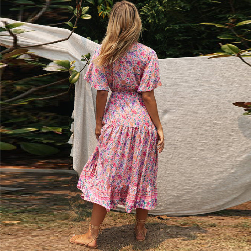 Robe bohème florale à manches courtes et col en V pour femmes SL