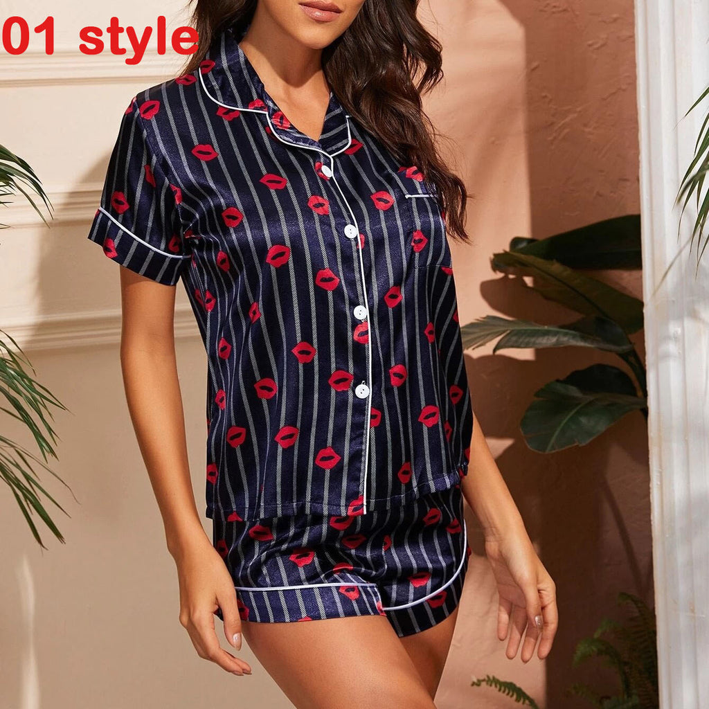 Women’s Satin Short Sleeve Top and Shorts Loungewear Pyjama Set in 10 Patterns S-XL - Wazzi's Wear