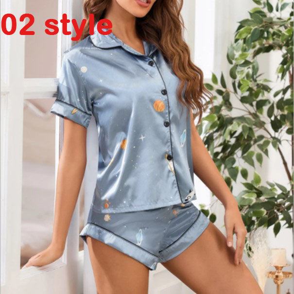 Women’s Satin Short Sleeve Top and Shorts Loungewear Pyjama Set in 10 Patterns S-XL - Wazzi's Wear