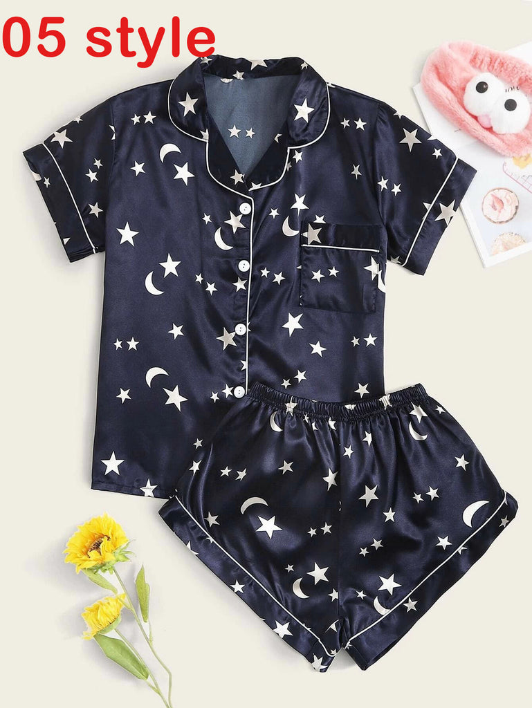 Women’s Satin Short Sleeve Top and Shorts Loungewear Pyjama Set in 10 Patterns S-XL - Wazzi's Wear