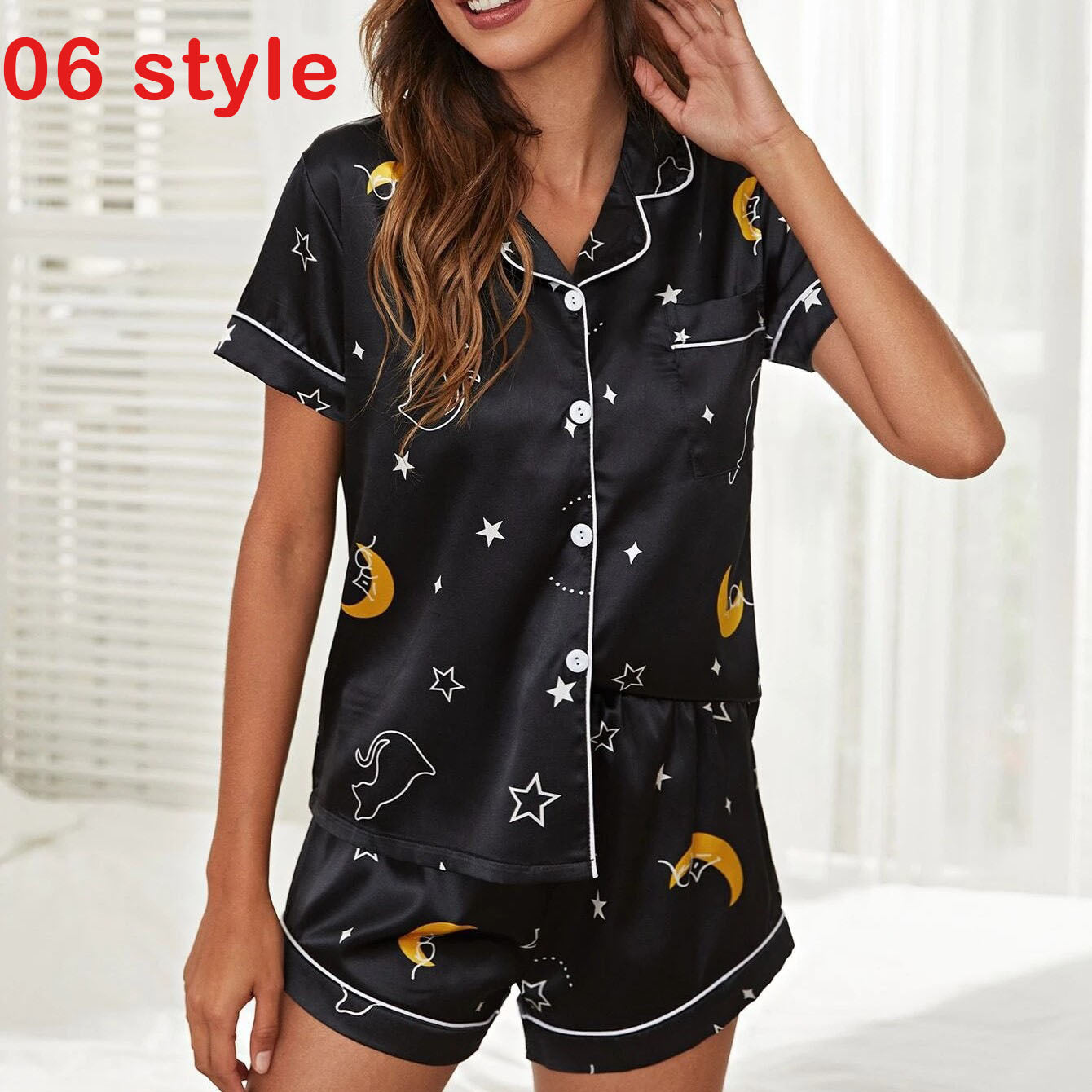 Women’s Satin Short Sleeve Top and Shorts Loungewear Pyjama Set in 10 Patterns S-XL - Wazzi's Wear