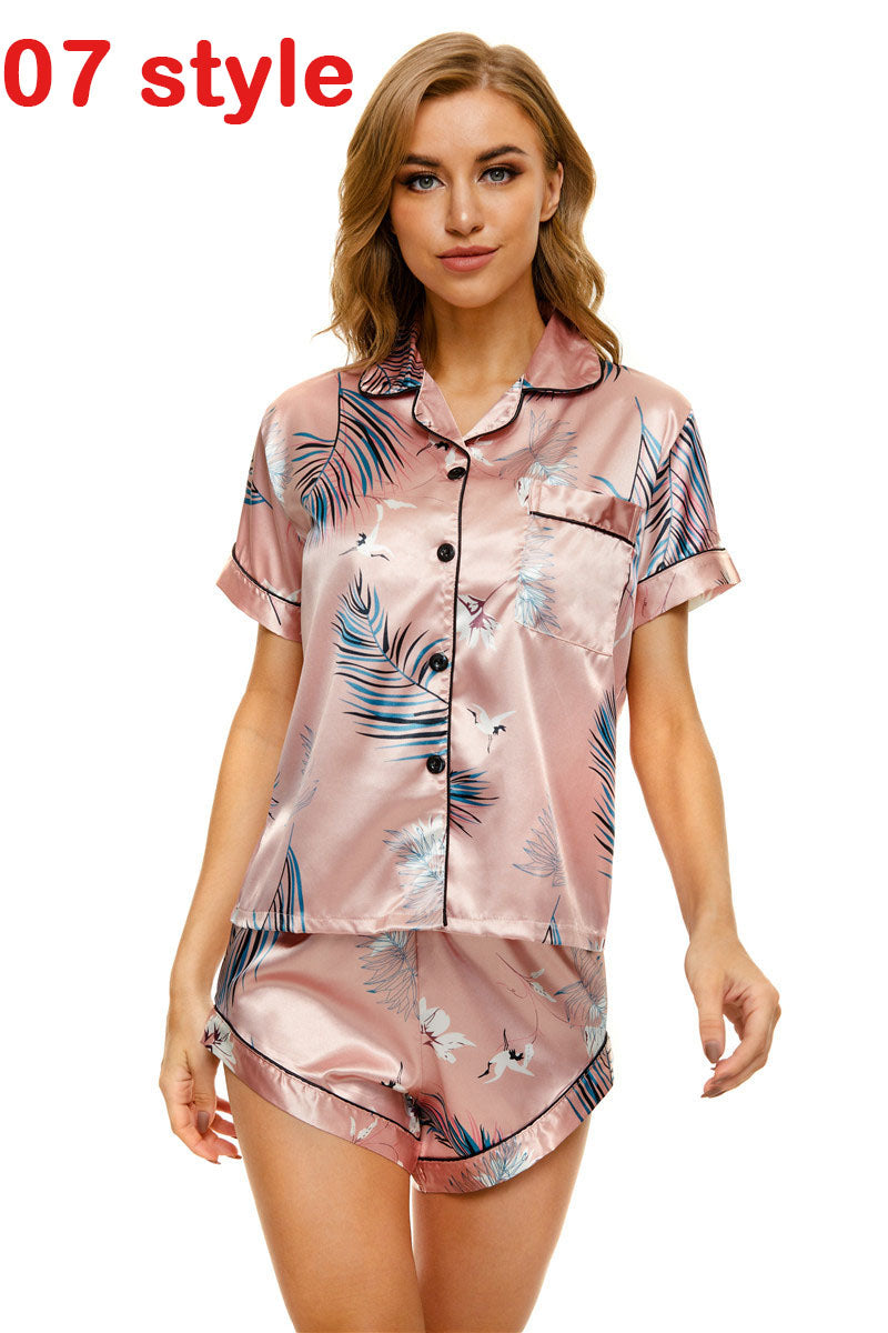 Women’s Satin Short Sleeve Top and Shorts Loungewear Pyjama Set in 10 Patterns S-XL - Wazzi's Wear