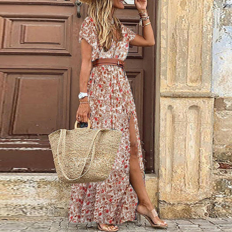 Women’s V-Neck Short Sleeve Paisley Print Bohemian Maxi Dress in 2 Colors S-3XL