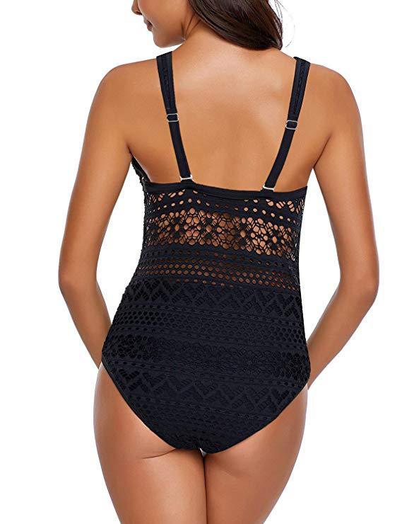 Women’s Black One Piece Swimsuit with High Waist and Lace