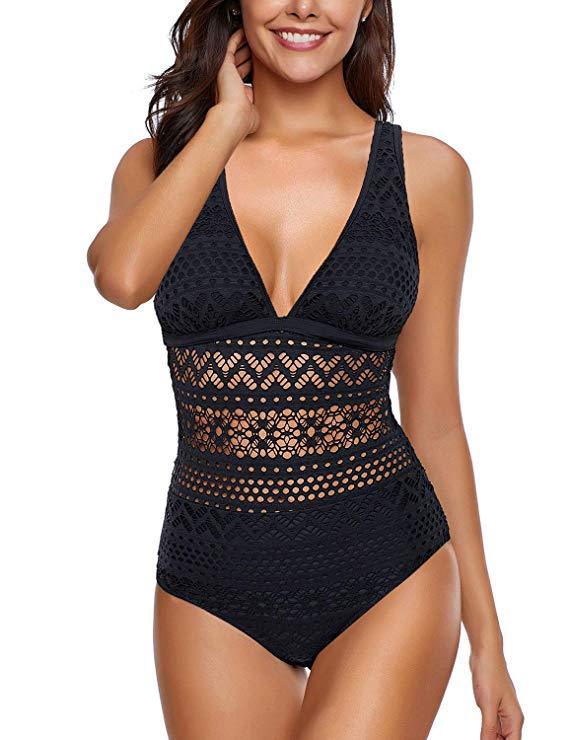 Women’s Black One Piece Swimsuit with High Waist and Lace