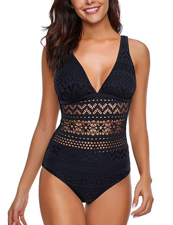 Women’s Black One Piece Swimsuit with High Waist and Lace