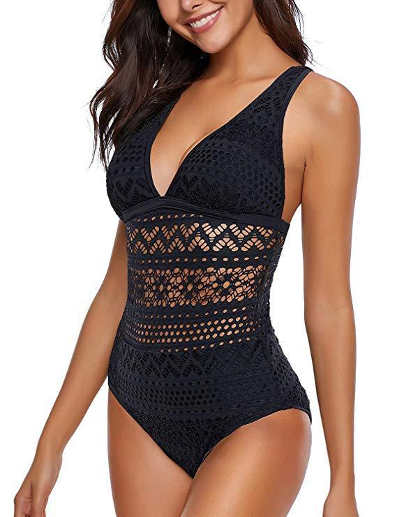 Women’s Black One Piece Swimsuit with High Waist and Lace