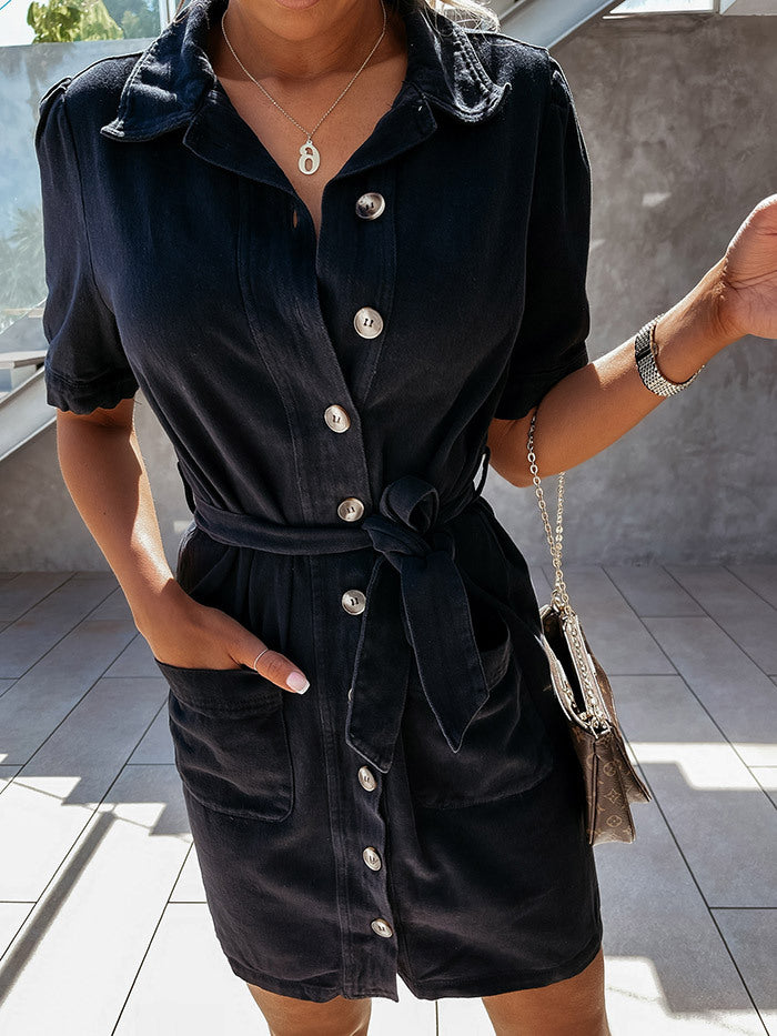 Women's Short Sleeve Buttoned Denim Dress with Waist Tie in 3 Colors S-XL - Wazzi's Wear