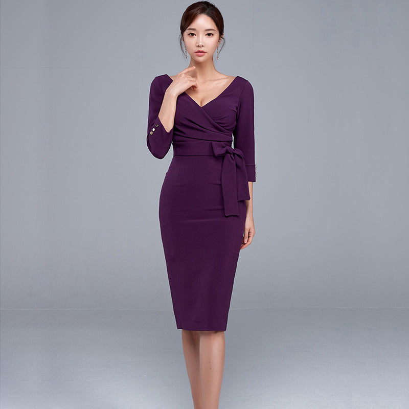 Women’s Purple V-Neck Mid-Waist Midi Dress with Long Sleeves S-XL - Wazzi's Wear