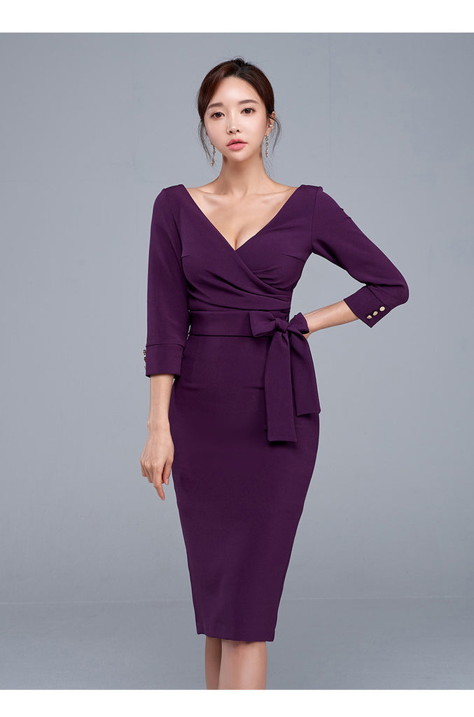 Women’s Purple V-Neck Mid-Waist Midi Dress with Long Sleeves S-XL - Wazzi's Wear