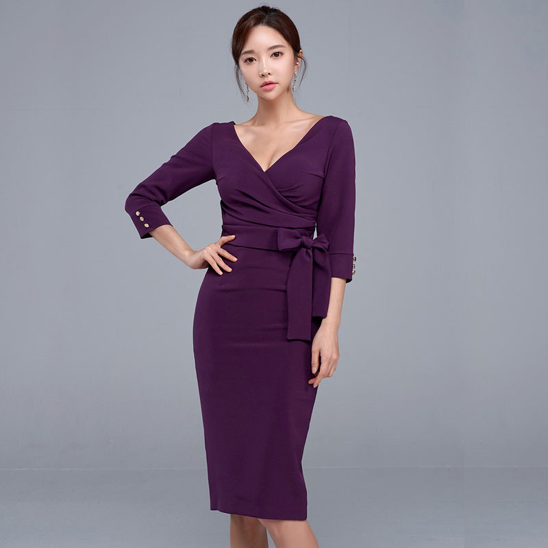 Women’s Purple V-Neck Mid-Waist Midi Dress with Long Sleeves S-XL - Wazzi's Wear