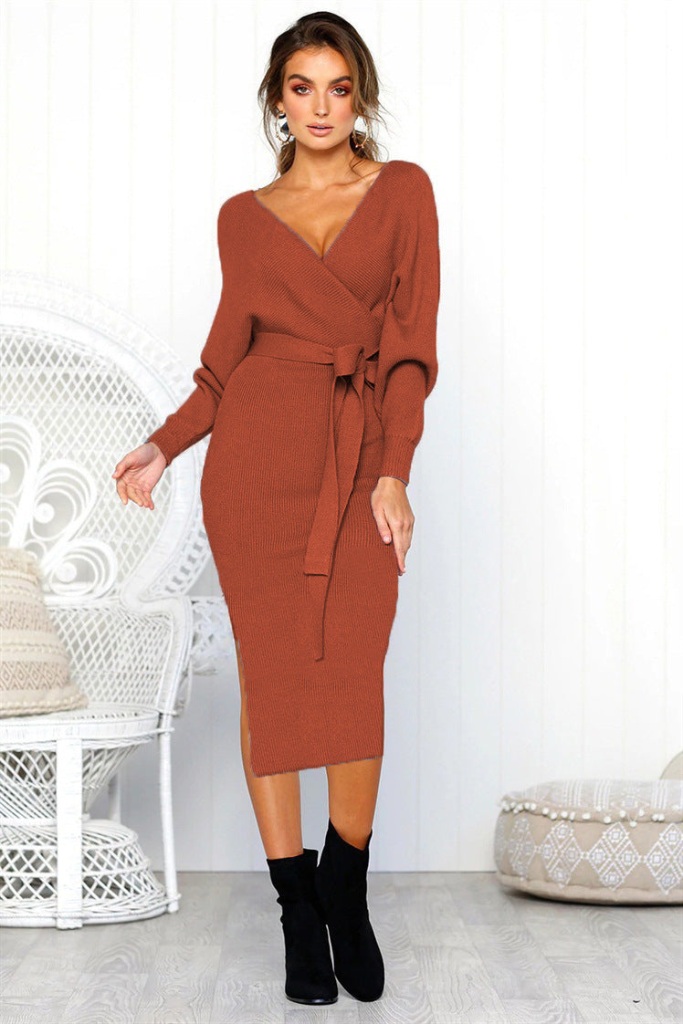 Women’s Long Sleeve V-Neck Dress with Waist Tie in 7 Colors S-3XL - Wazzi's Wear