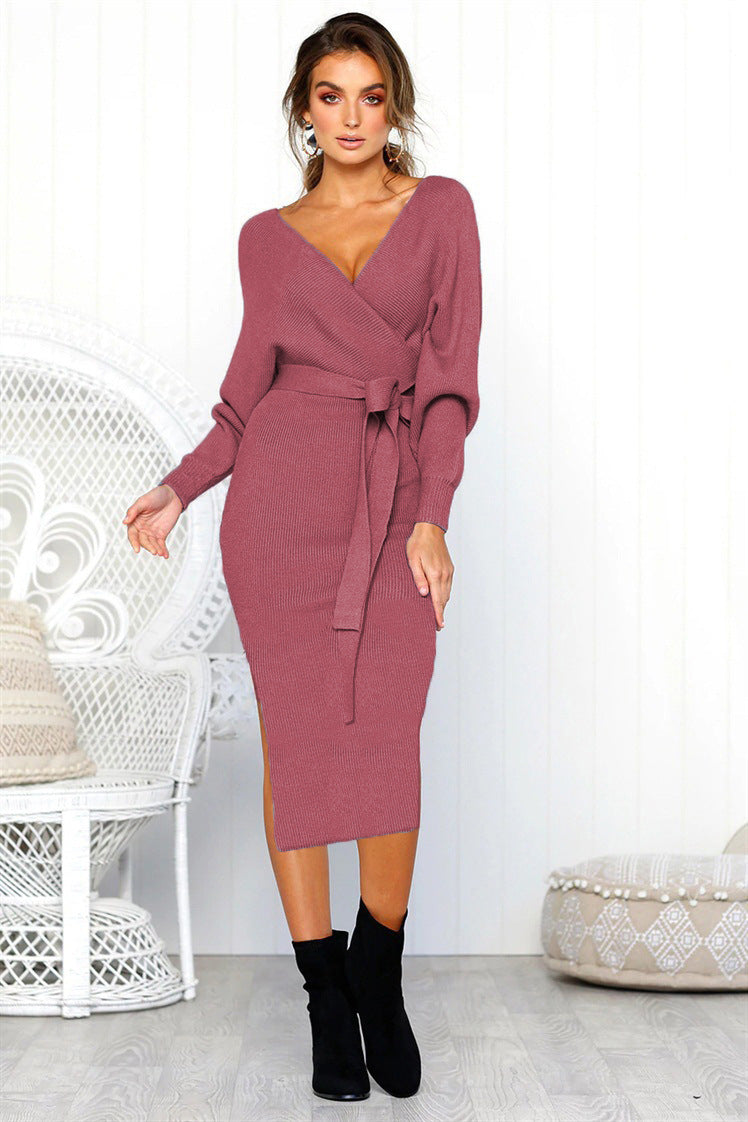 Women’s Long Sleeve V-Neck Dress with Waist Tie in 7 Colors S-3XL - Wazzi's Wear