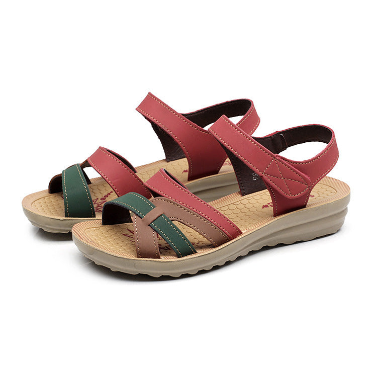 Women’s Soft Leather Flat Colorblock Sandals - Wazzi's Wear