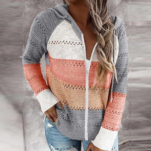 Women’s Striped Long Sleeve Hooded Sweater in 11 Colors S-5XL - Wazzi's Wear