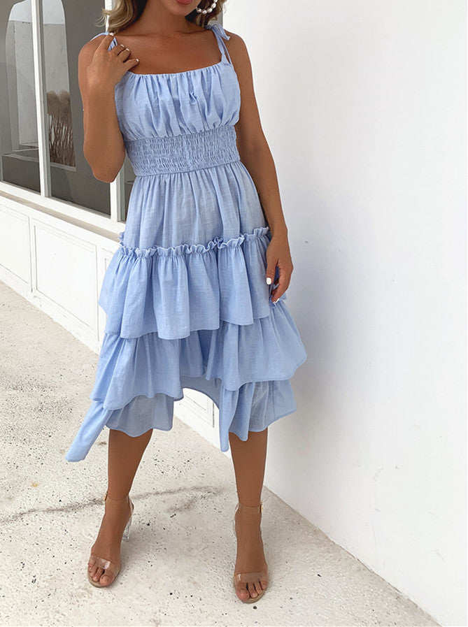 Women’s Pale Blue Sleeveless Ruffled Summer Midi Dress S-XL