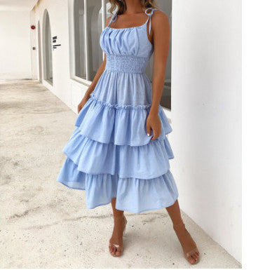 Robe midi d'été à volants sans manches bleu pâle pour femmes S-XL