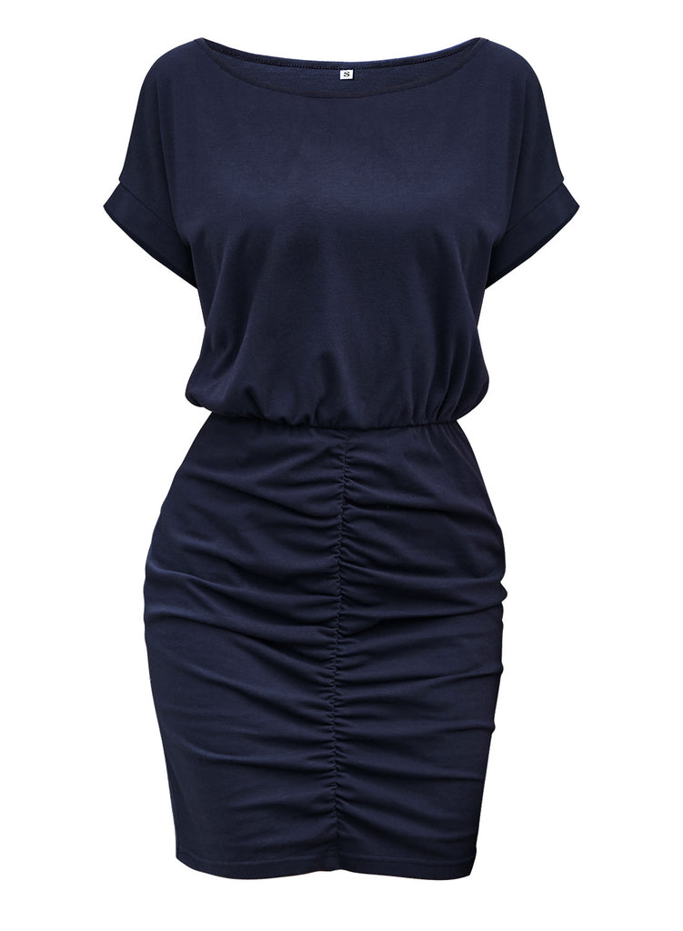 Women’s Drawstring Short Sleeve Pleated Dress in 2 Colors S-XL - Wazzi's Wear