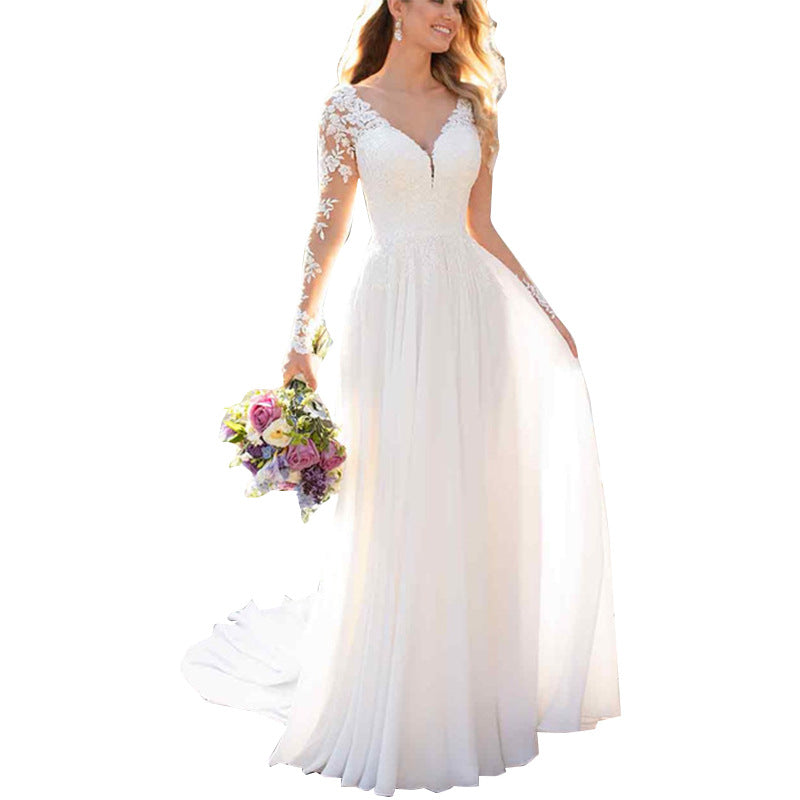 Women’s Backless V-Neck Wedding Dress with High Waist and Lace Long Sleeves Sizes 4-22 - Wazzi's Wear