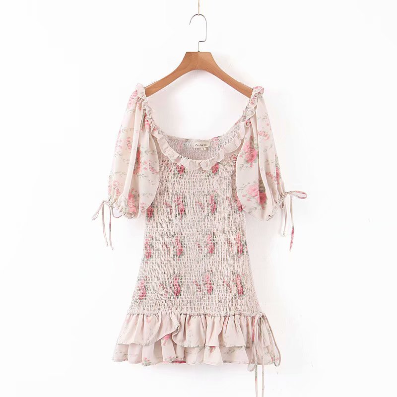 Boho Loveshackfancy Autumn Dress Beige Short Sleeve Ruffles