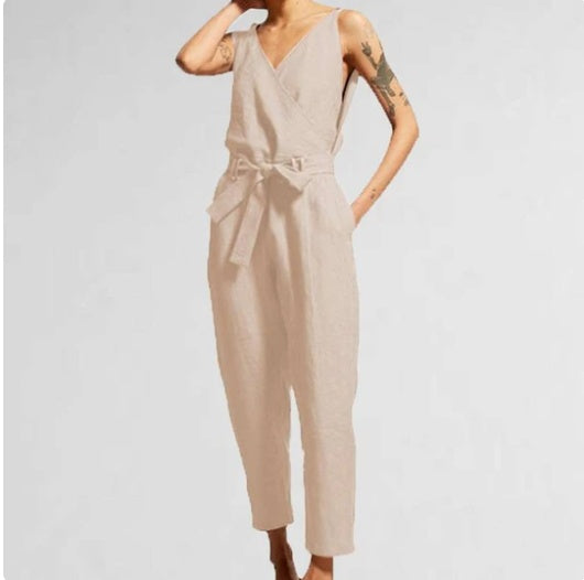Women’s V-Neck Sleeveless Cropped Jumpsuit with Pockets