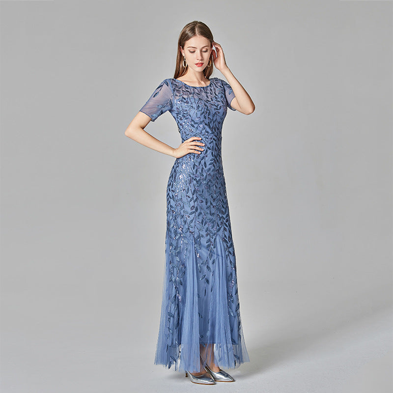 Women’s Elegant Short Sleeve Evening Gown with Chiffon and Lace Overlay