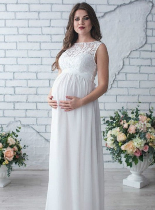 Women’s Sleeveless Floor Length Maternity Dress with Lace and Waist Tie in 3 Colors S-3XL - Wazzi's Wear