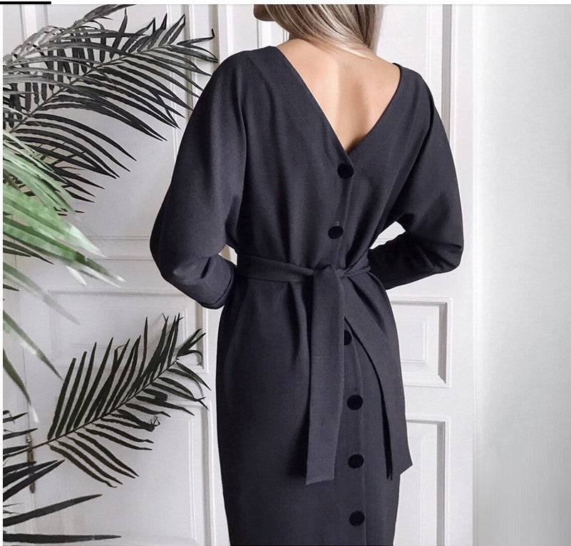 Women’s V-Neck Long Sleeve Buttoned Midi Dress with Waist Tie in 4 Colors S-XXL - Wazzi's Wear