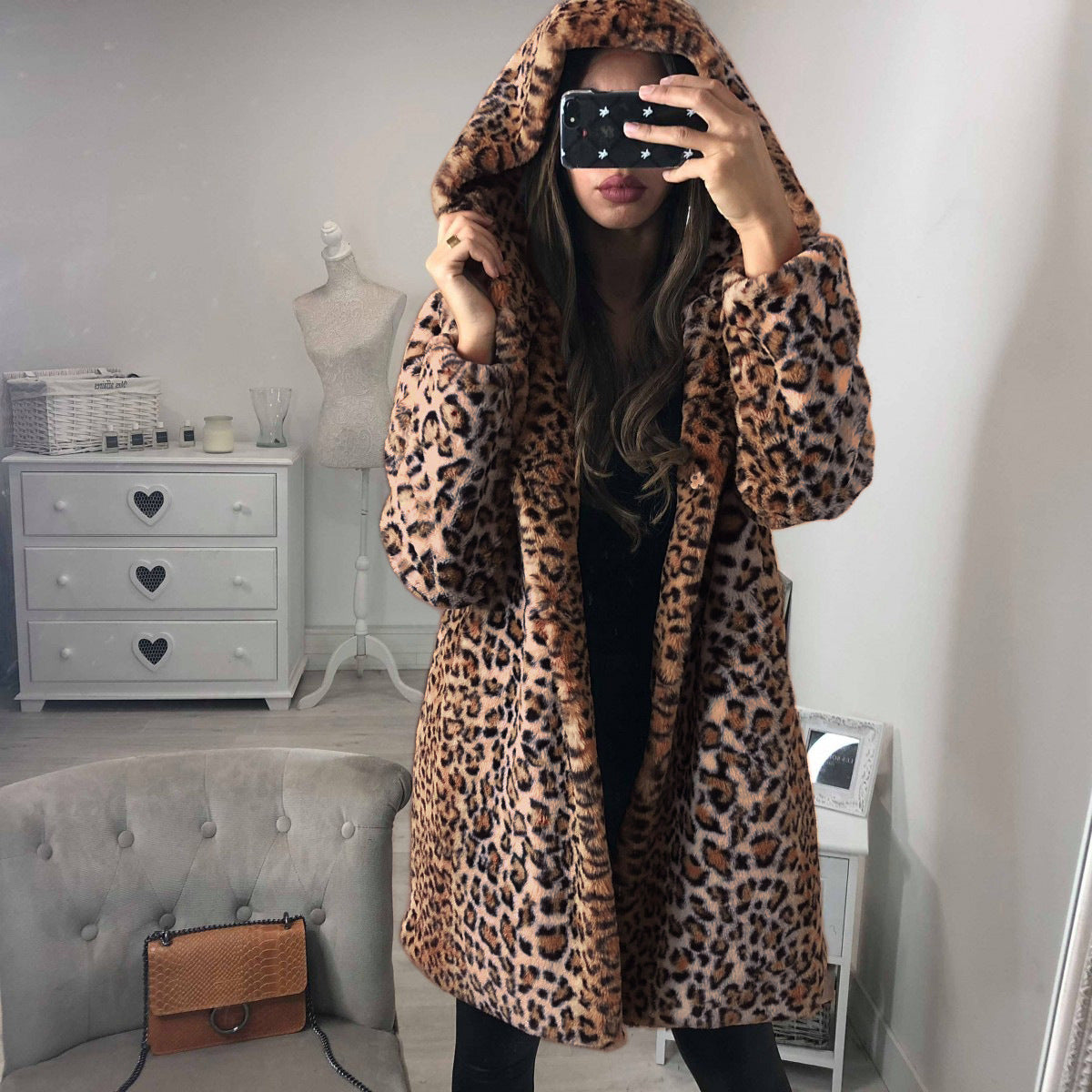 Women's Mid-Length Leopard Print Fake Fur Hooded Coat S-3XL - Wazzi's Wear