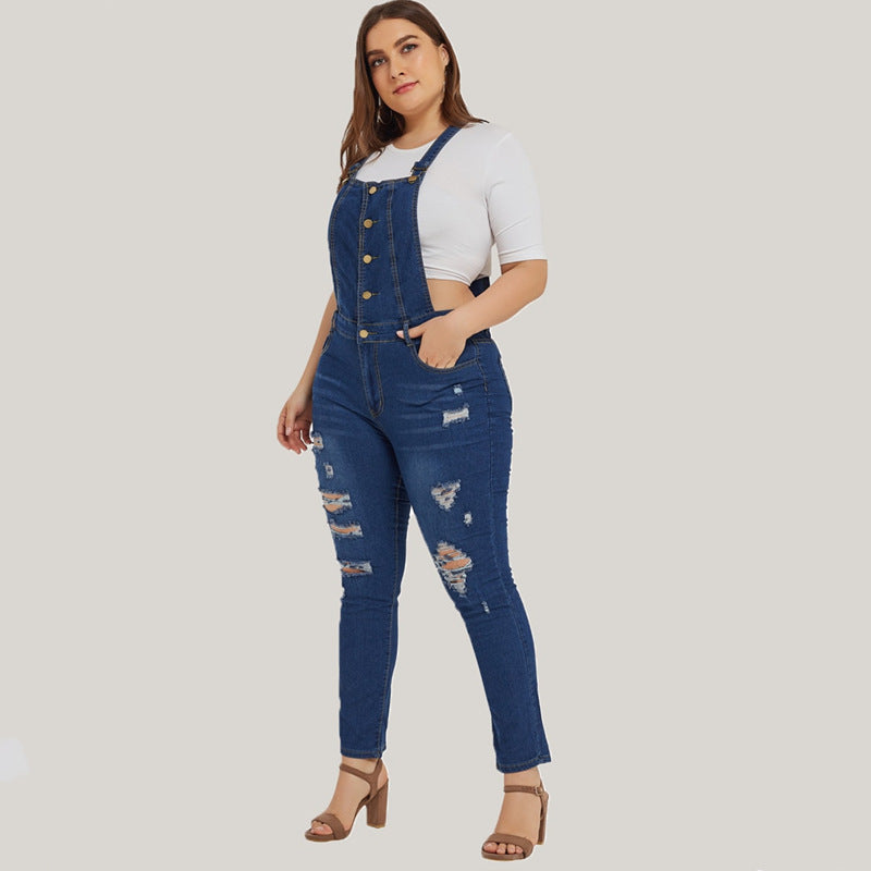 Women’s Plus Size Ripped Denim Bib Overalls L-5XL - Wazzi's Wear