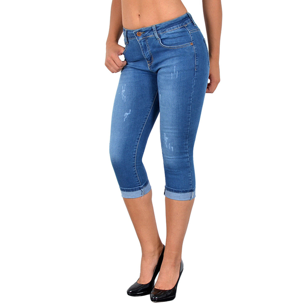 Capris en denim vieilli coupe slim pour femme