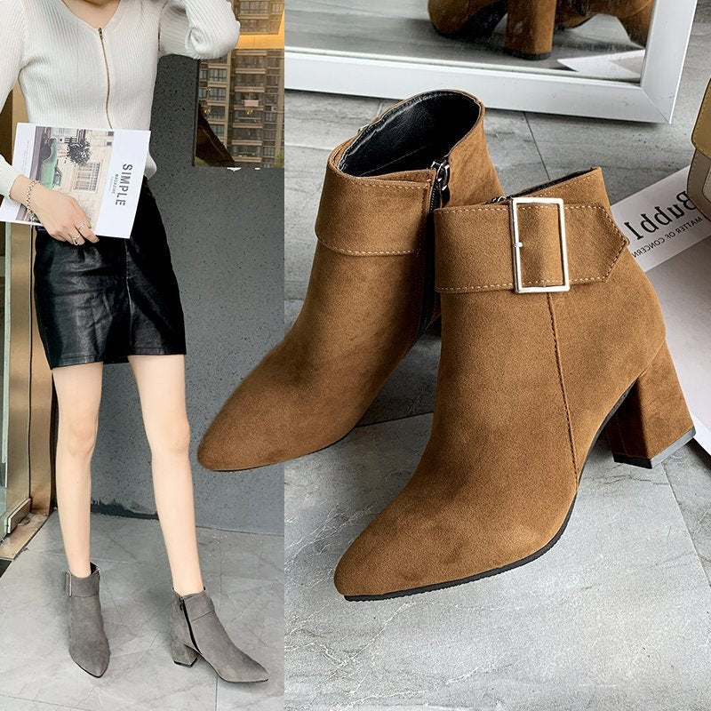 Women's Suede Block Heel Ankle Boots with Pointed Toe