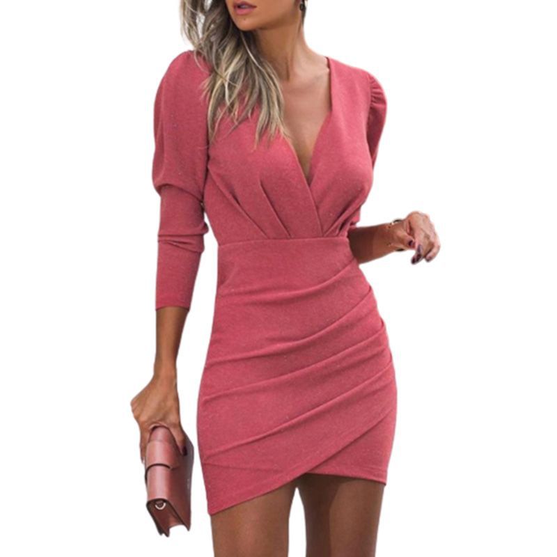 Women's V-Neck Long Sleeve Wrap Dress in 4 Colors S-XXL - Wazzi's Wear