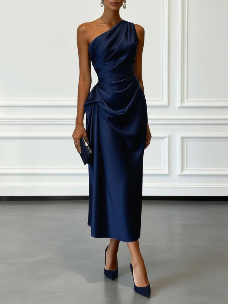 Womens Satin Pleated Waist-cinching Dress