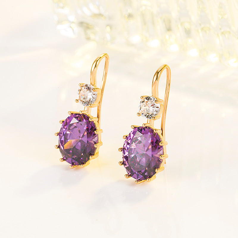 Oval Purple Diamond Zircon Women's 18K Gold Amethyst Earrings