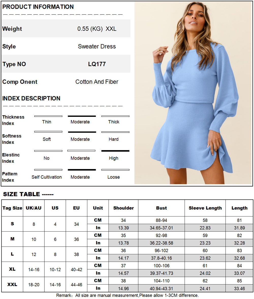 Women’s Round Neck Sweater Dress with Long Puff Sleeves in 4 Colors S-XXL - Wazzi's Wear