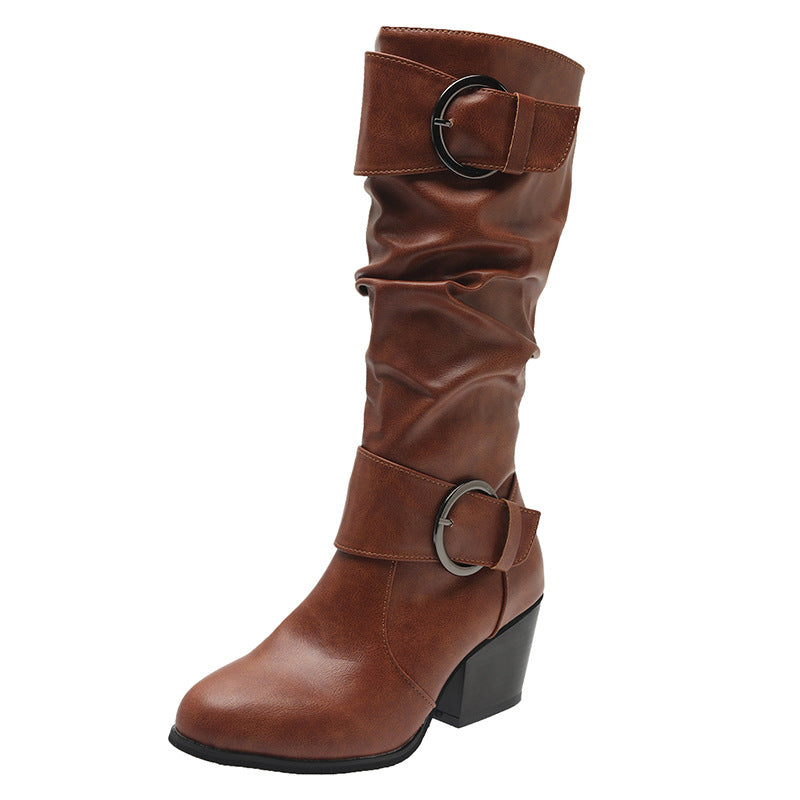Women’s Chunky Mid Heel Boots with Buckle in 3 Colors - Wazzi's Wear