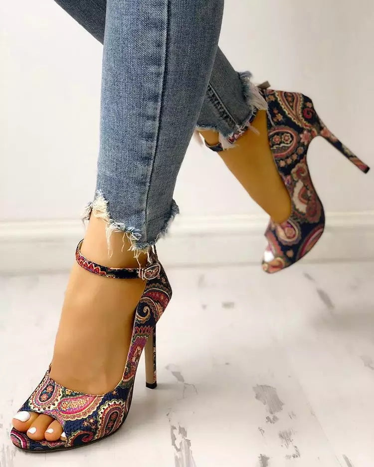 Women's High Heel Patterned Stilettos with Ankle Strap - Wazzi's Wear